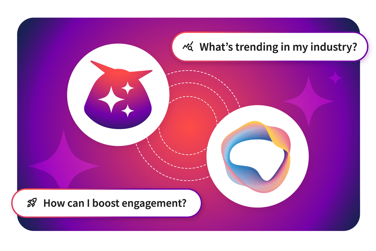 Gradient purple interface showing two icons connected by dotted lines, with text bubbles asking about industry trends and engagement