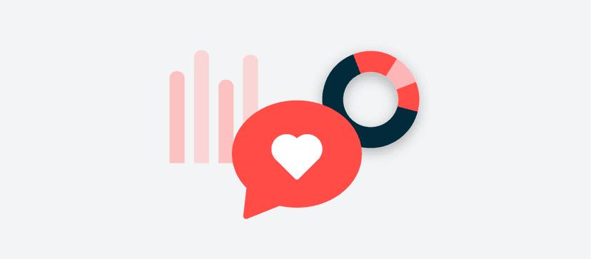 Abstract design with coral red speech bubble containing heart icon, navy blue circular segment, and light pink vertical bars in background